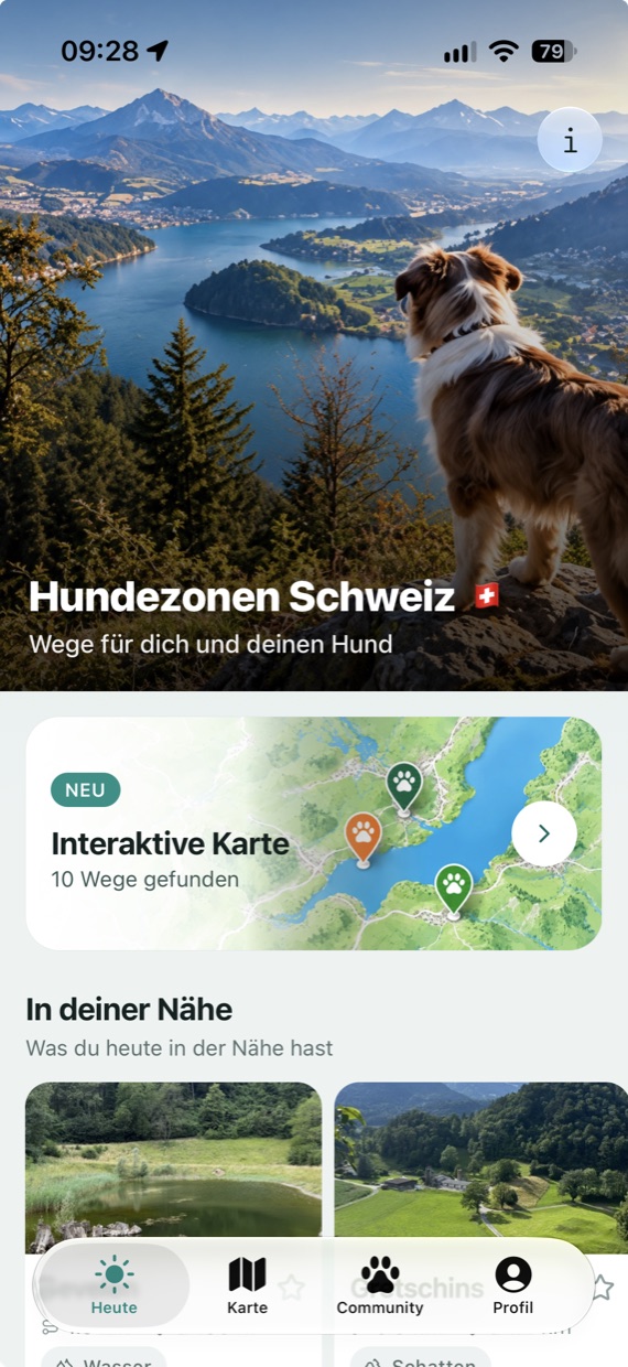 Der Startbildschirm von HundeZonen mit Rundwegen in der Nähe