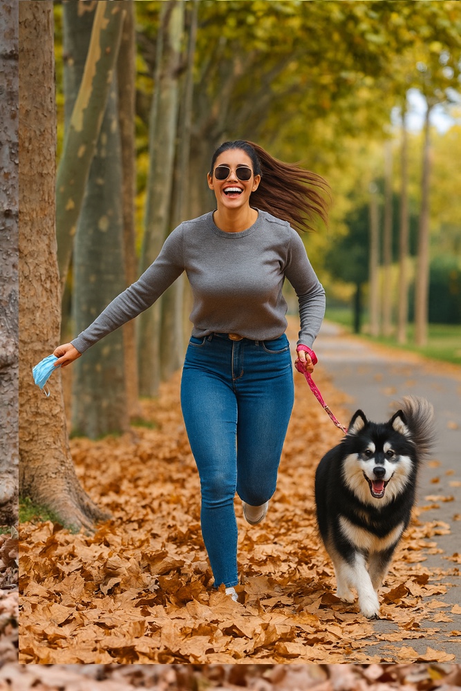 Frau joggt mit ihrem Hund durch den herbstlichen Park