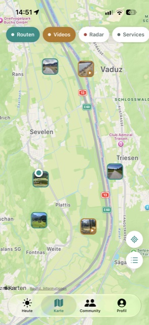 Wege, Videos und Services auf einer Karte