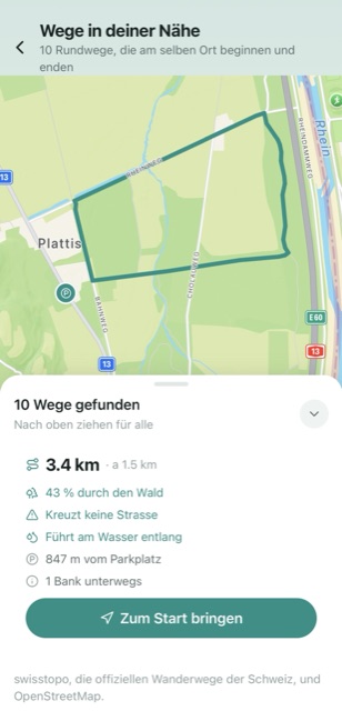 Gefundene Rundwege in der interaktiven Karte